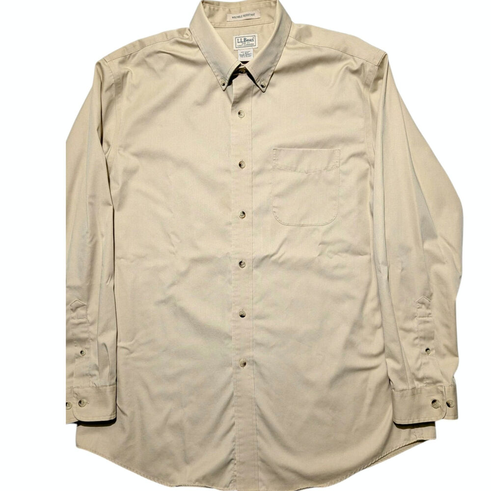 L.L. Bean Khaki Beige Long Sleeve Button Up Shirt Wrinkle Resistant Size Large